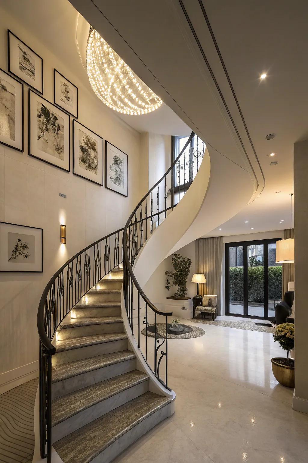 A sculptural staircase serves as a striking statement piece.