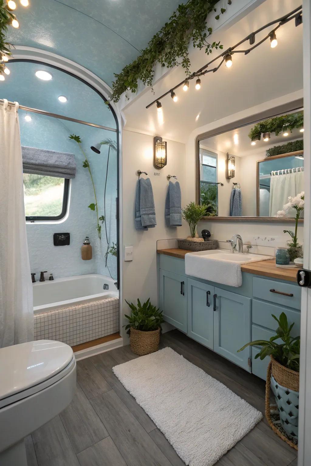 A travel trailer bathroom designed with a calming, spa-like aesthetic.