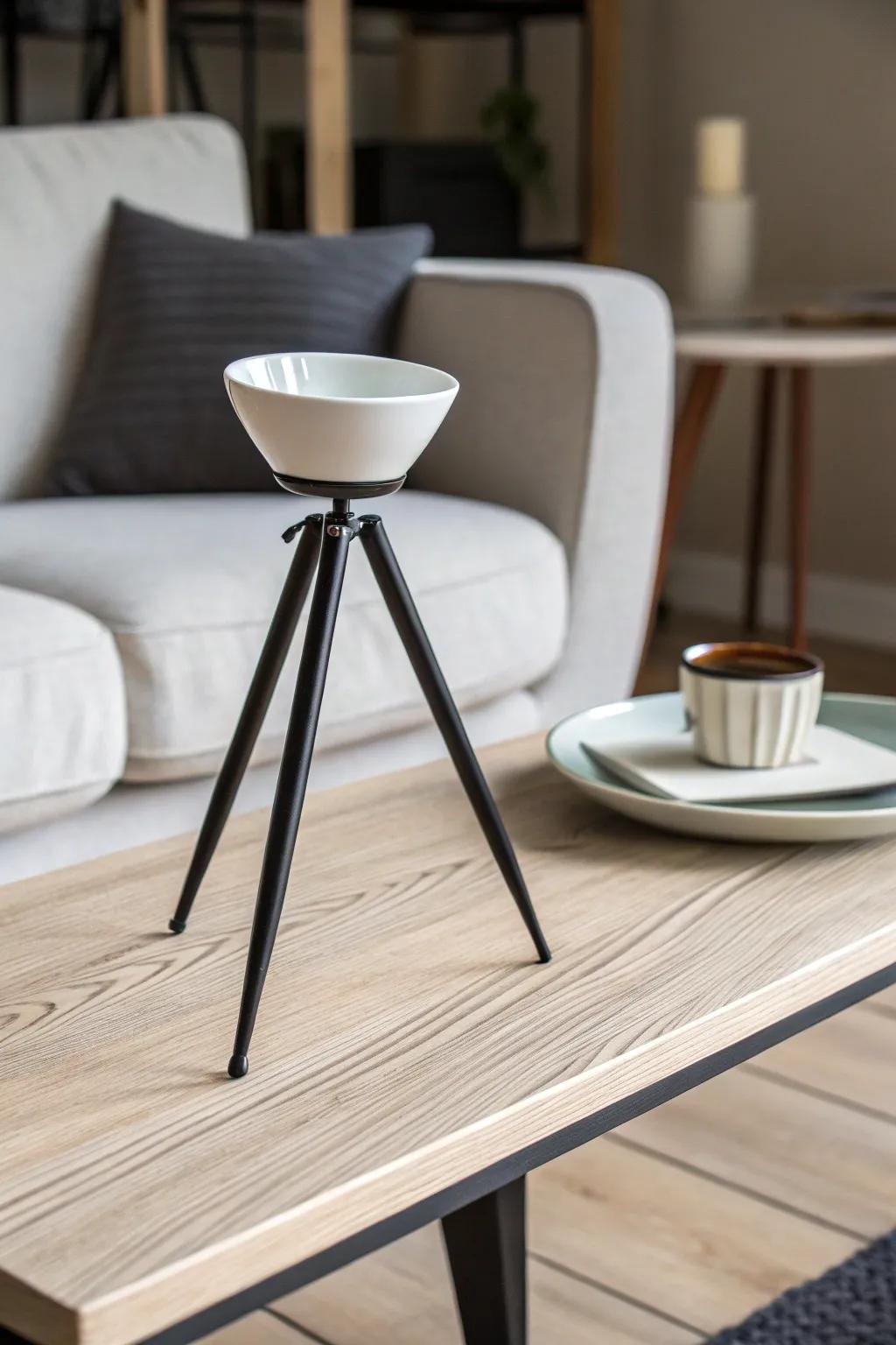 Minimalist tripod vessels enhance clean, modern decor.