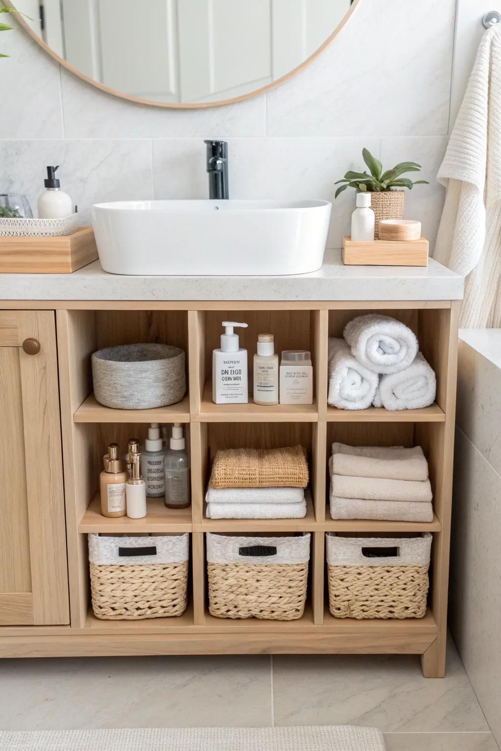 Effortlessly organized with custom cubbies – embrace simplicity and style under your sink.