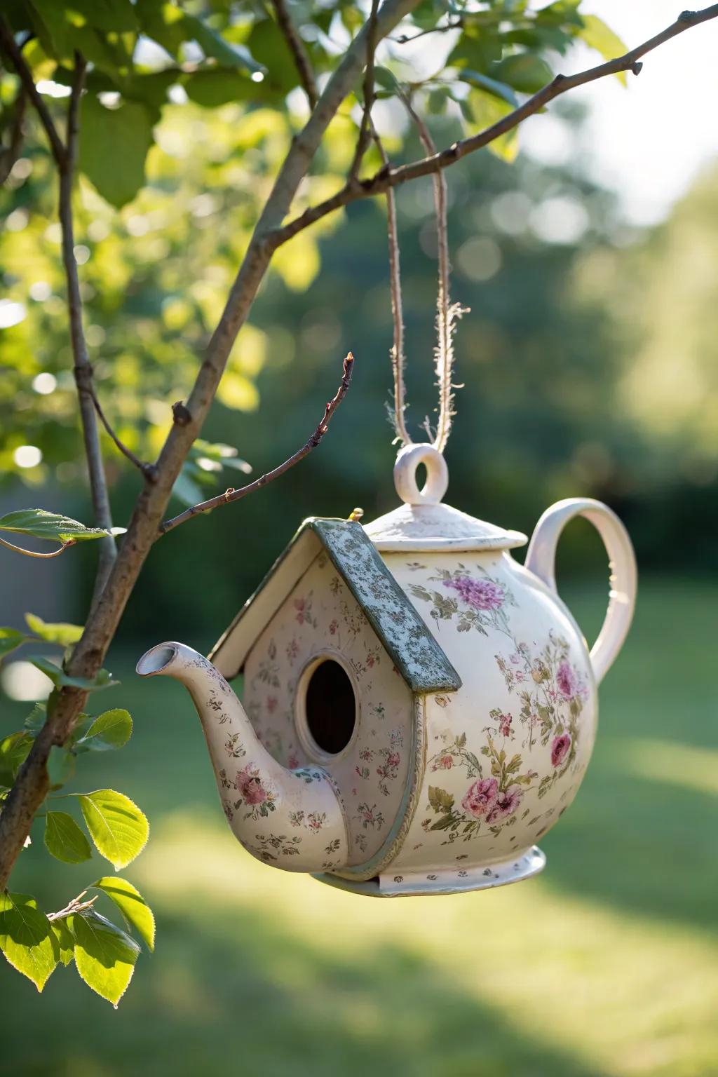 Transform vintage charm into a cozy bird oasis with this delightful teapot birdhouse.