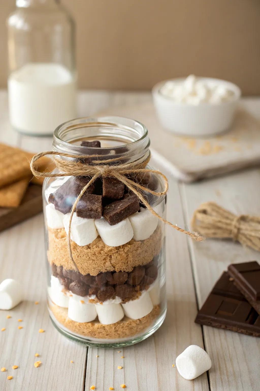 Sweet nostalgia in a jar: indulge in the simple joy of s'mores, crafted beautifully for your Valentine's delight.