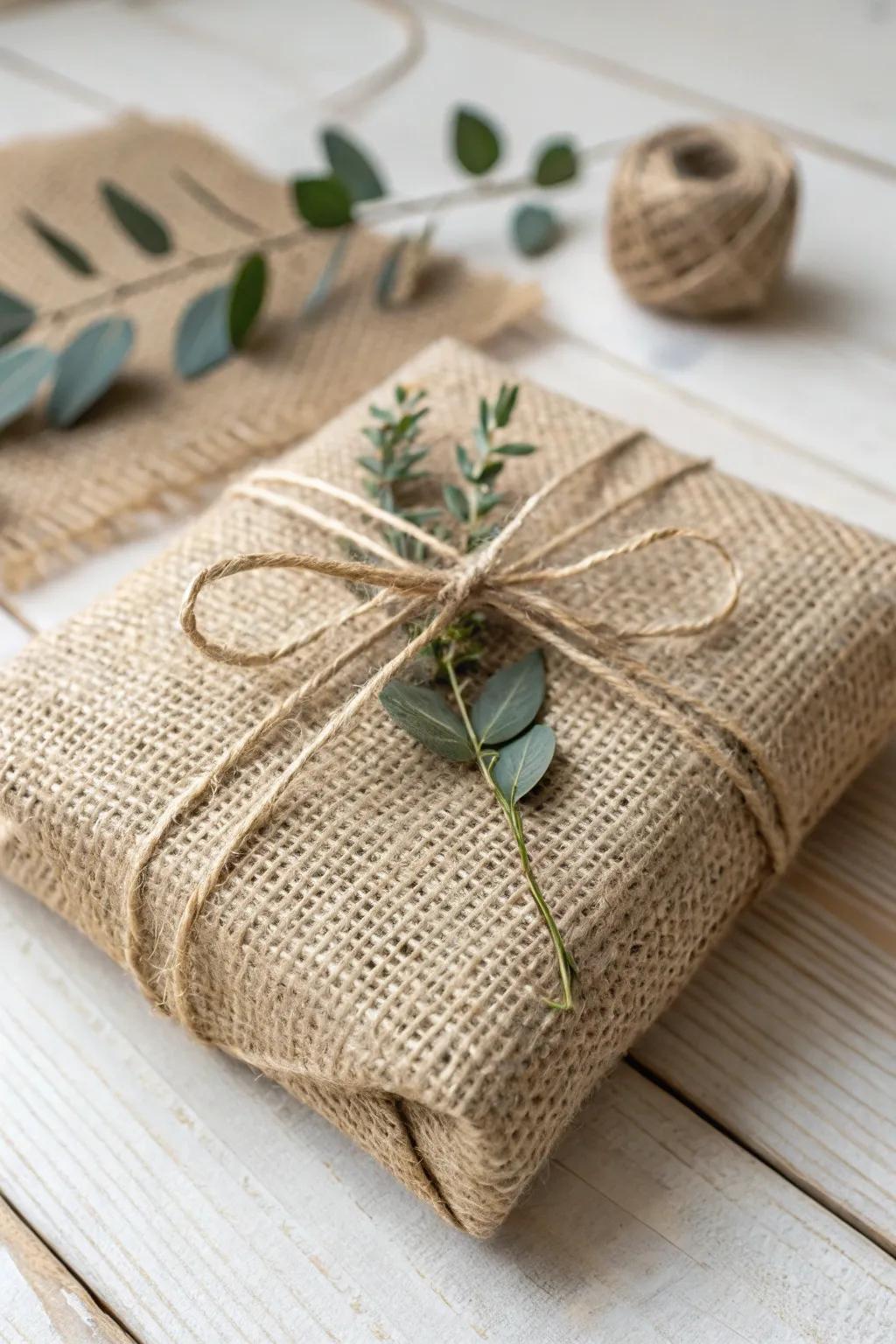 Rustic elegance meets minimalist charm with burlap gift wrapping. Perfect for adding a touch of warmth to your presents.