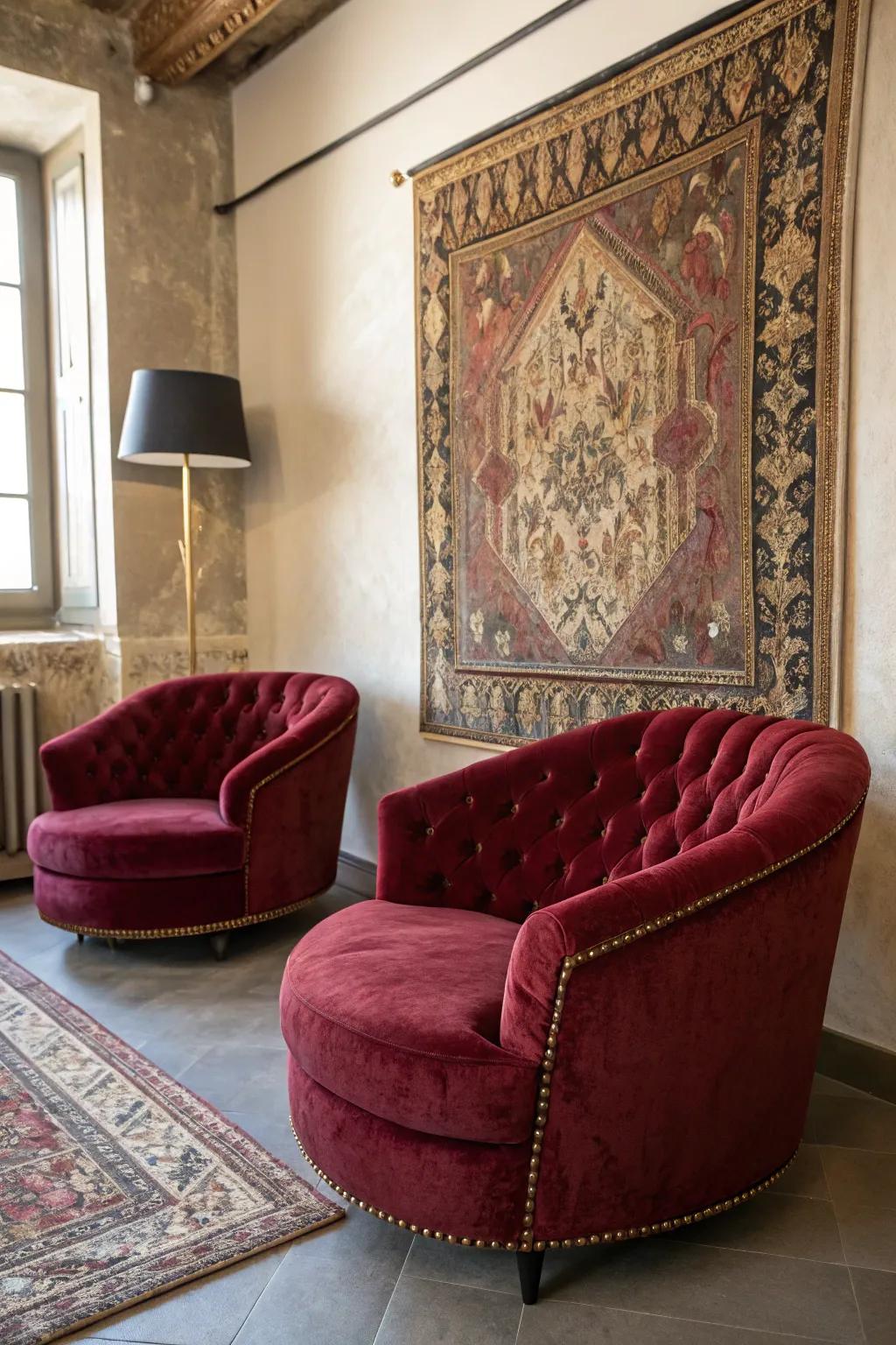 Velvet and tapestries create a luxurious feel.
