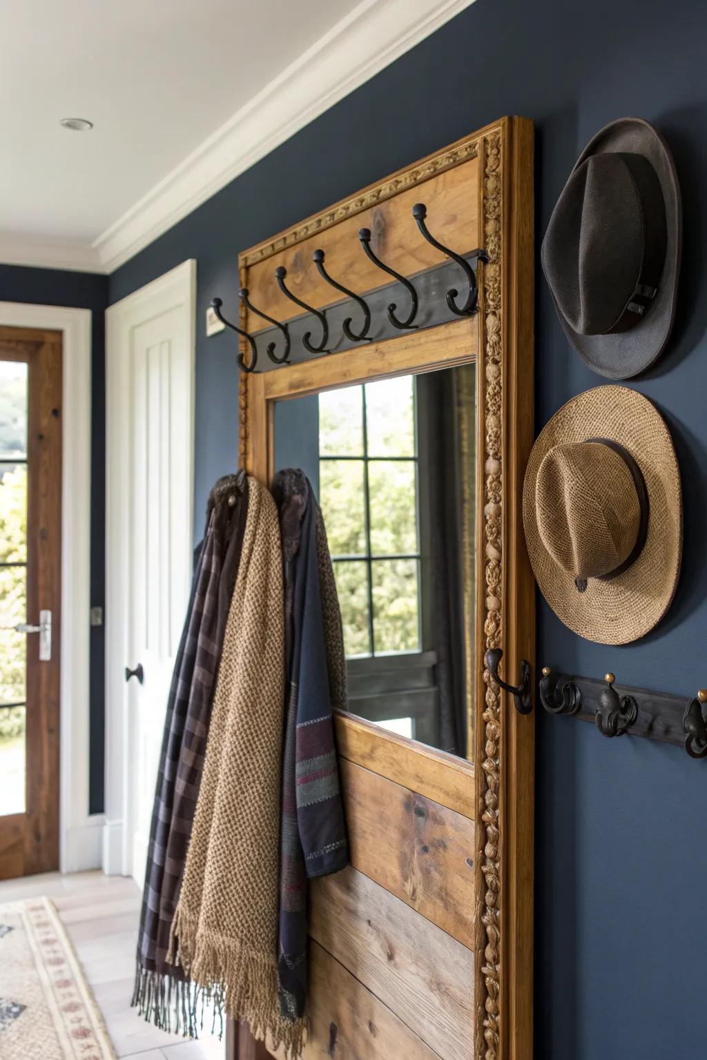 Elevate your entryway with the perfect blend of functionality and style: a handcrafted coat rack paired with a touch of mirrored magic.