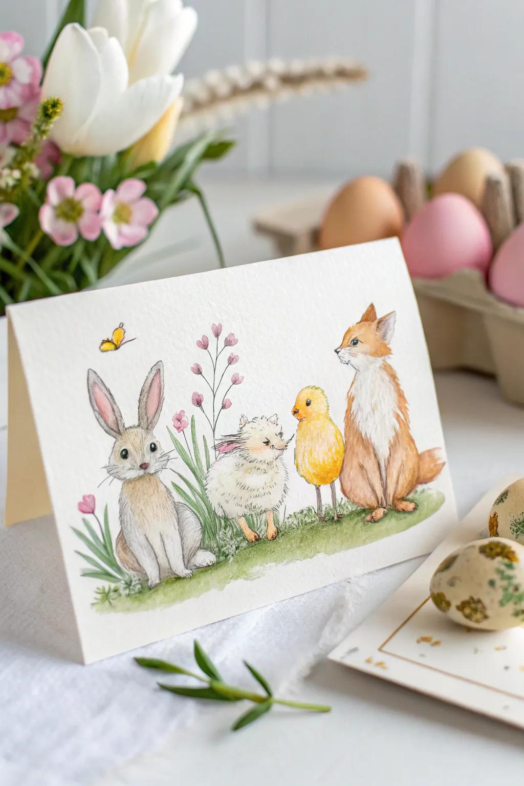 Celebrate Easter with a charming parade of watercolor animals, bringing joy and elegance to your greetings.