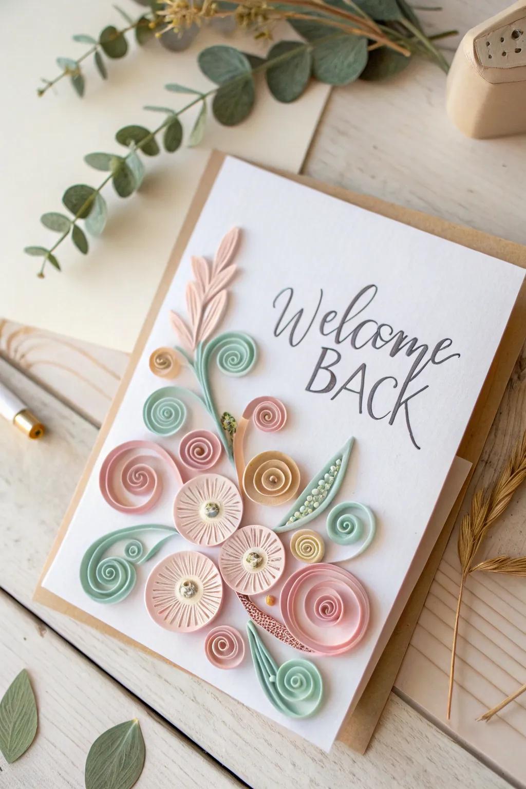 Embrace the art of quilling for a heartfelt welcome back card that speaks volumes in simplicity and elegance.