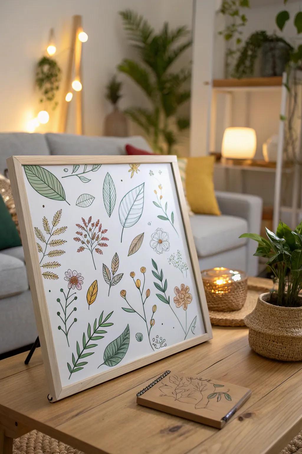 Nature-inspired designs on a whiteboard welcome display.