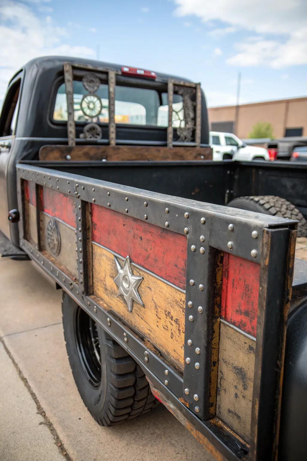 Craftsmanship meets sustainability: a striking truck bed design with recycled metal elements.