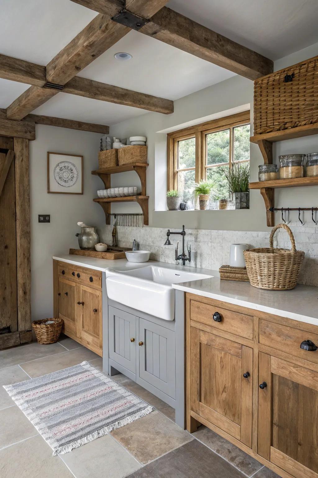 Wooden elements add rustic charm to the kitchen.