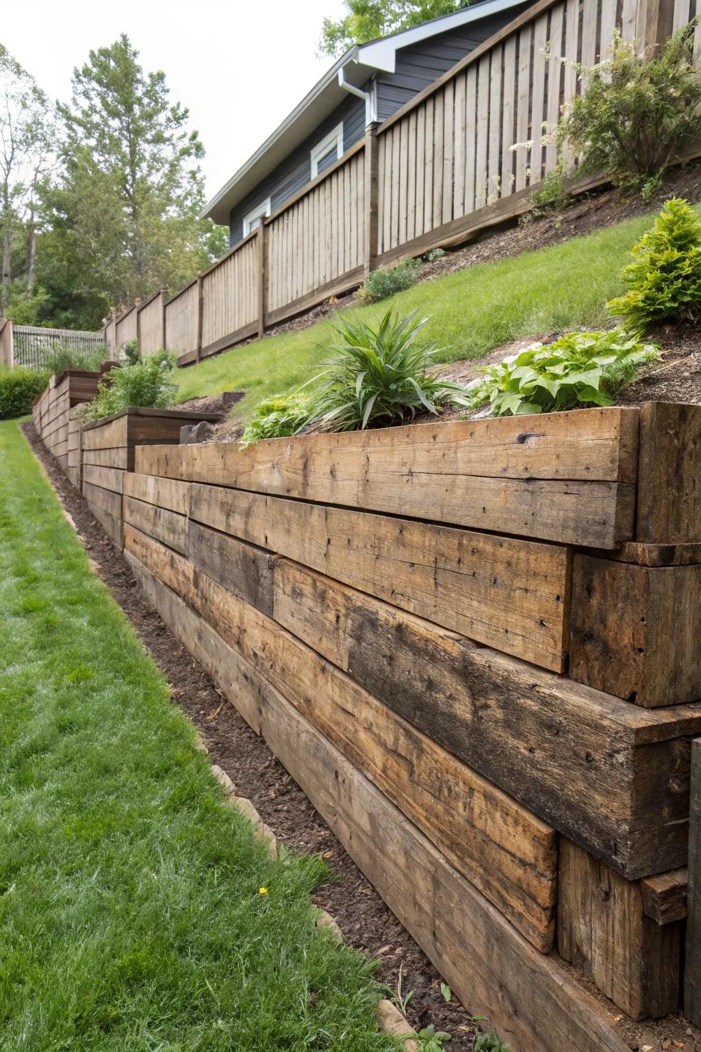 Sustainability meets style: A reclaimed wood retaining wall that tells a story.