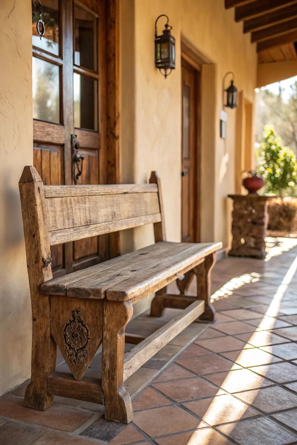 Embrace timeless charm with this rustic farmhouse bench, the perfect blend of warmth and craftsmanship.