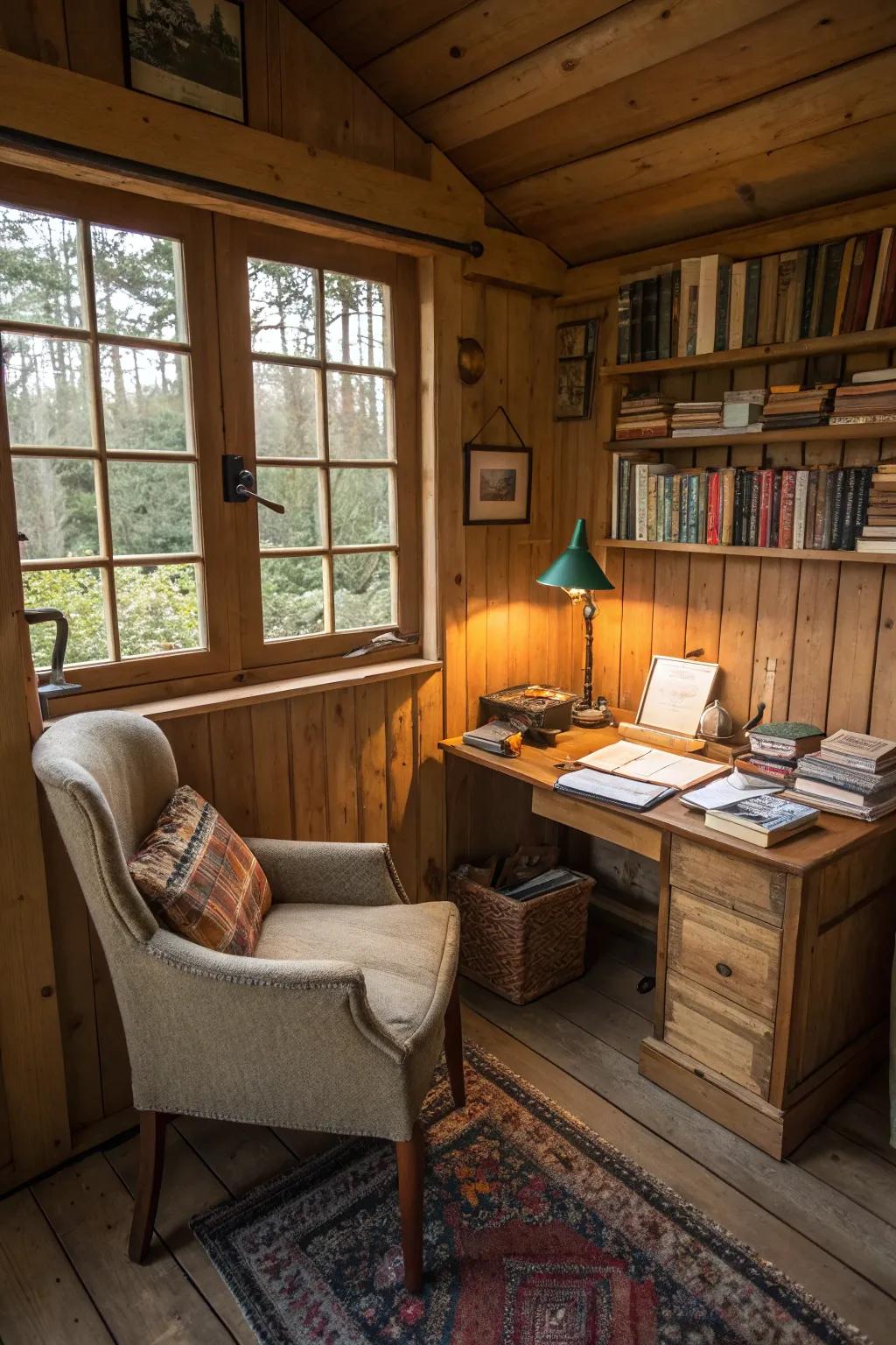 A snug and inviting writing shed, perfect for focused work.