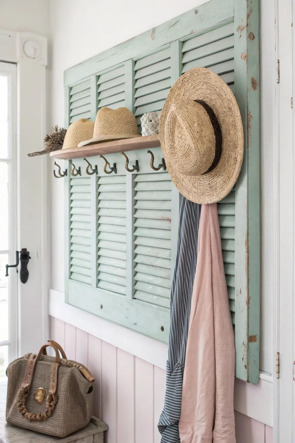 Transform old shutters into a chic, minimalist coat rack for a stylish hallway upgrade. 🌿✨ #UpcycledDesign #MinimalistBoho