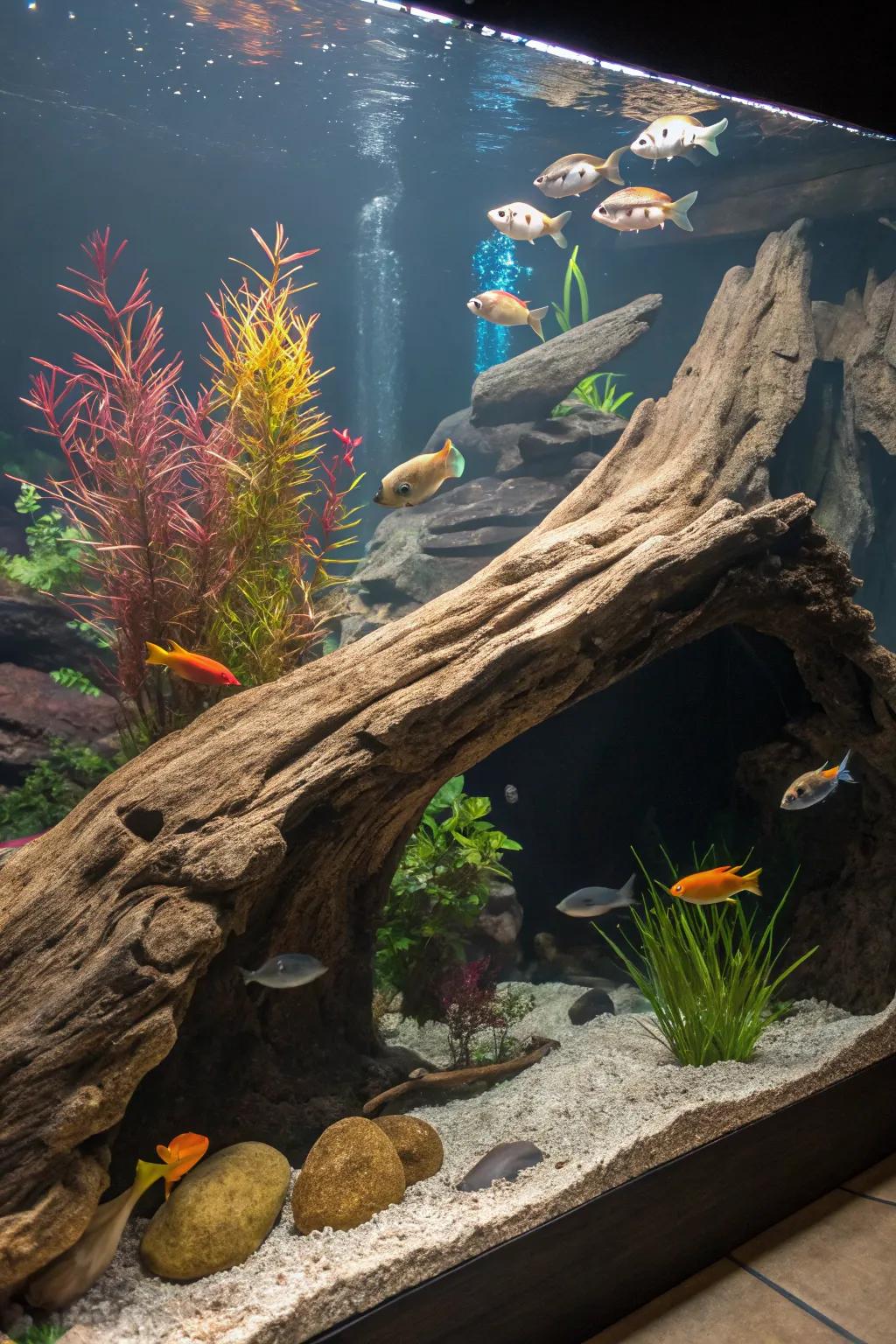 A driftwood bridge adds rustic charm and functionality.