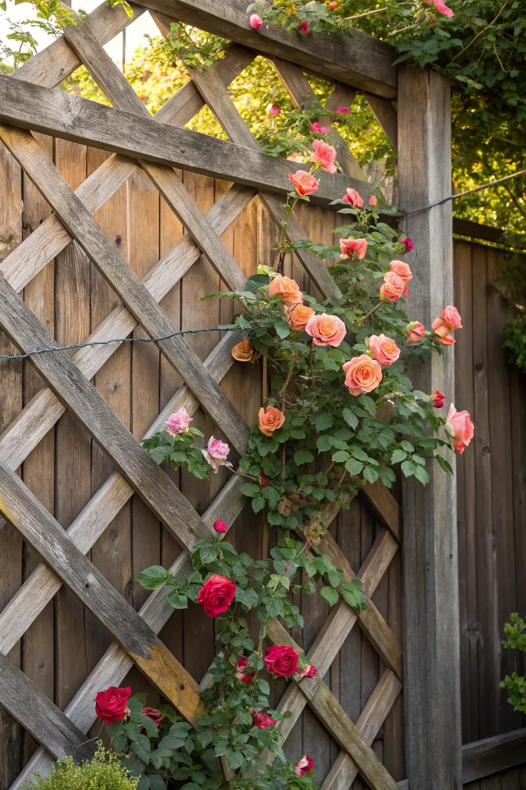 Elevate your garden with a trellis fence that beautifully frames your blossoms.