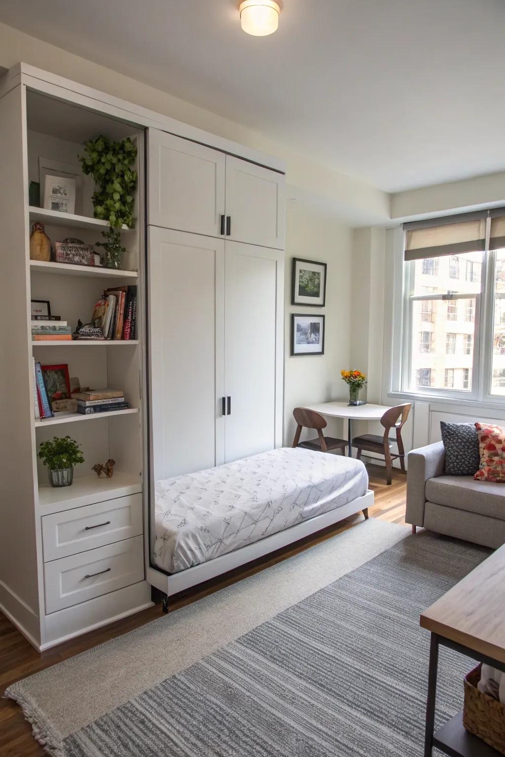 A Murphy bed can double your studio’s utility by day and night.