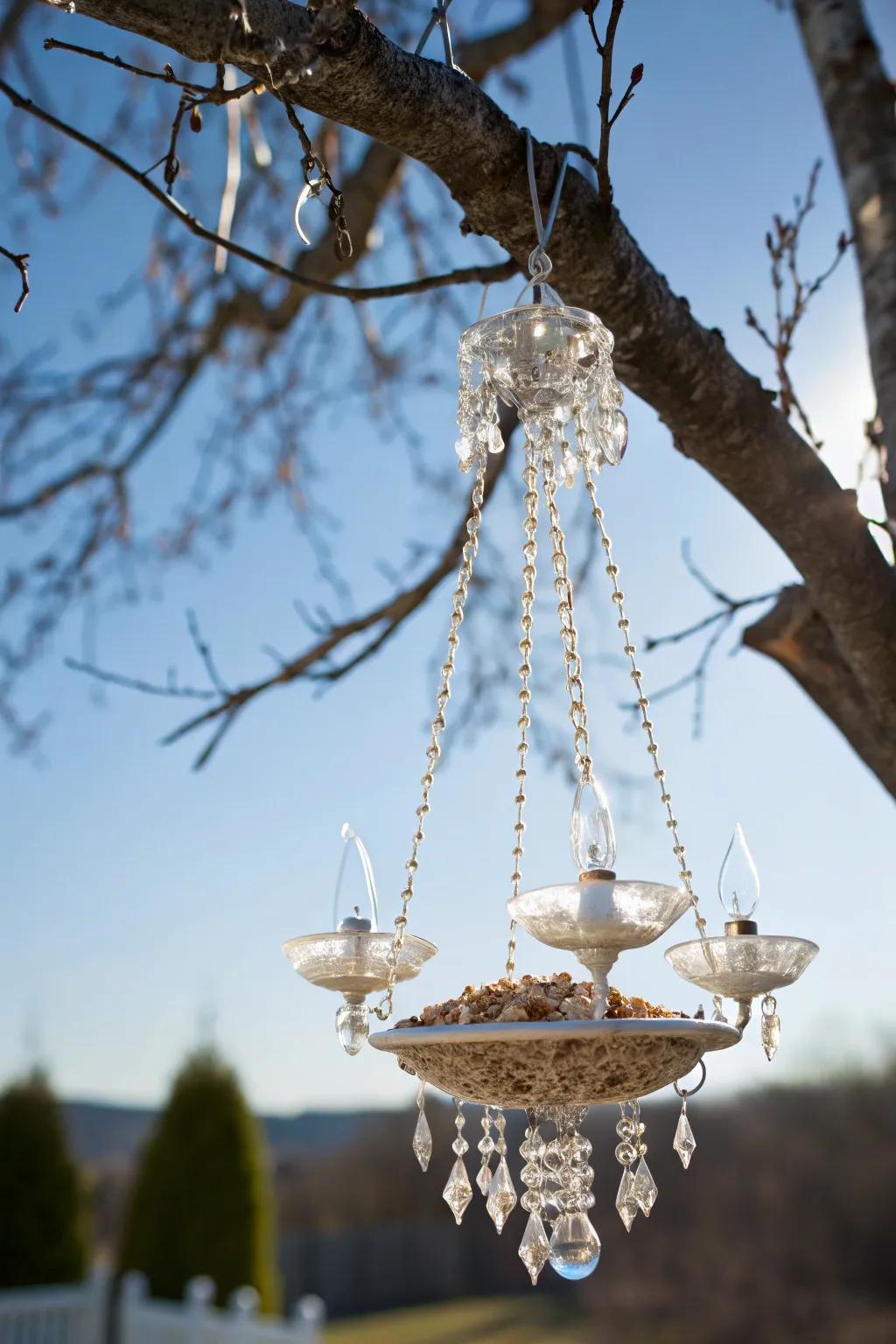Transform a vintage chandelier into a sparkling garden centerpiece and watch your feathered friends flock in style.
