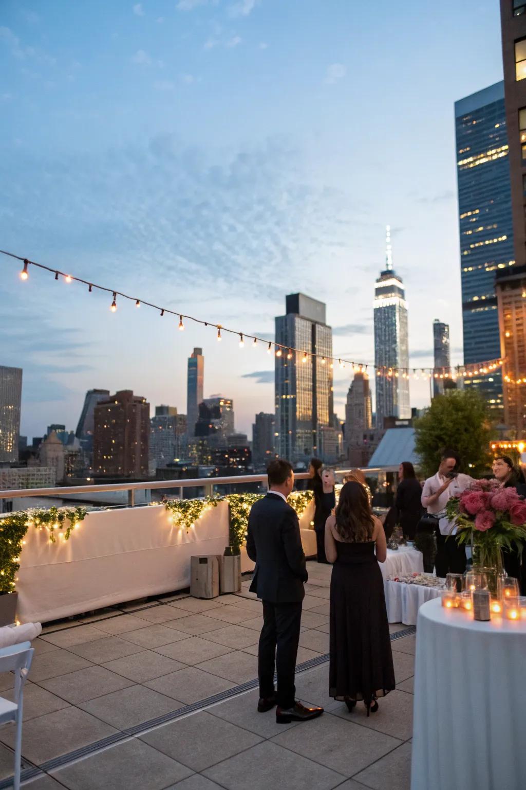 A breathtaking rooftop celebration setup with city views.