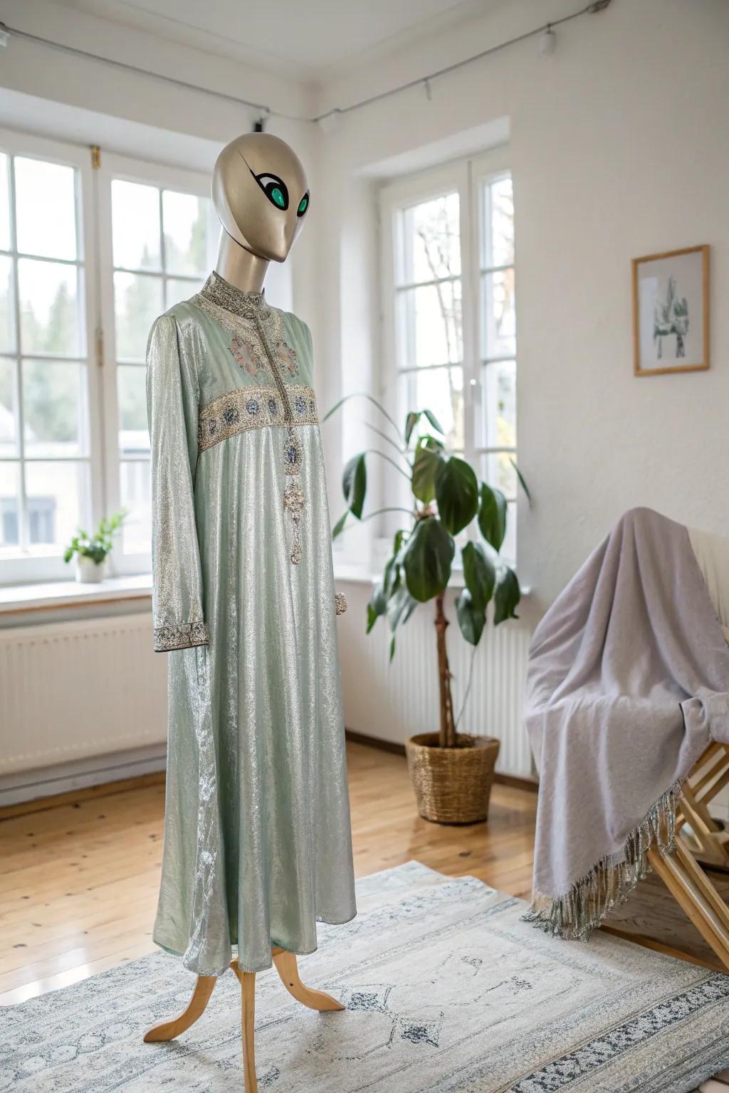 Transform your old clothes into a stunning alien costume that blends otherworldly charm with minimalist elegance.