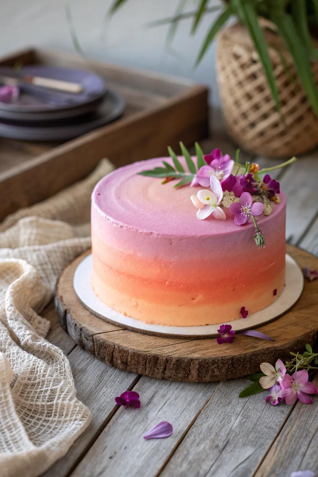 Capture the essence of a tropical sunset with this stunning gradient icing cake, perfect for an Aloha-inspired celebration.