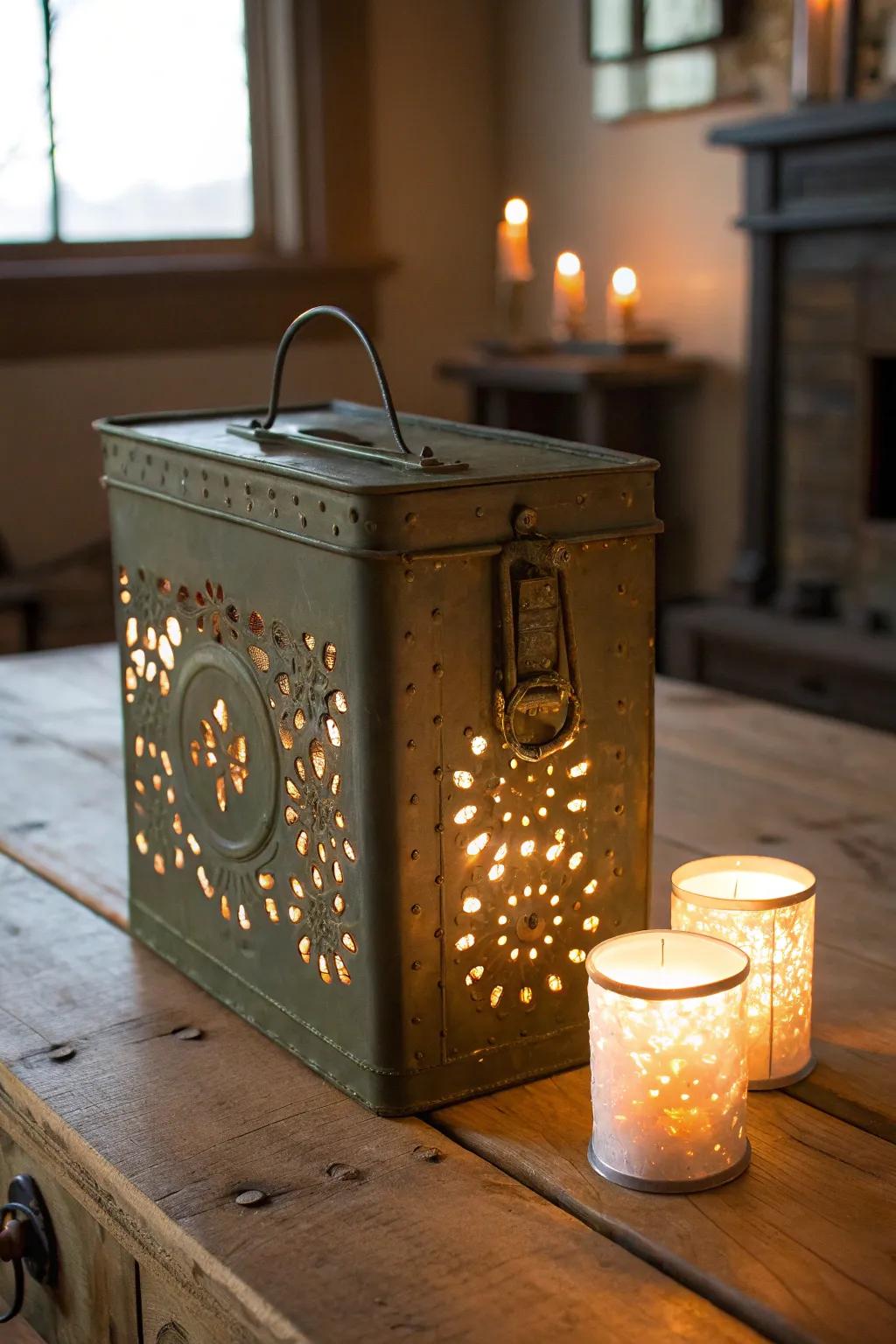 Transforming a rugged ammo can into a cozy candle holder - where craftsmanship meets ambiance.