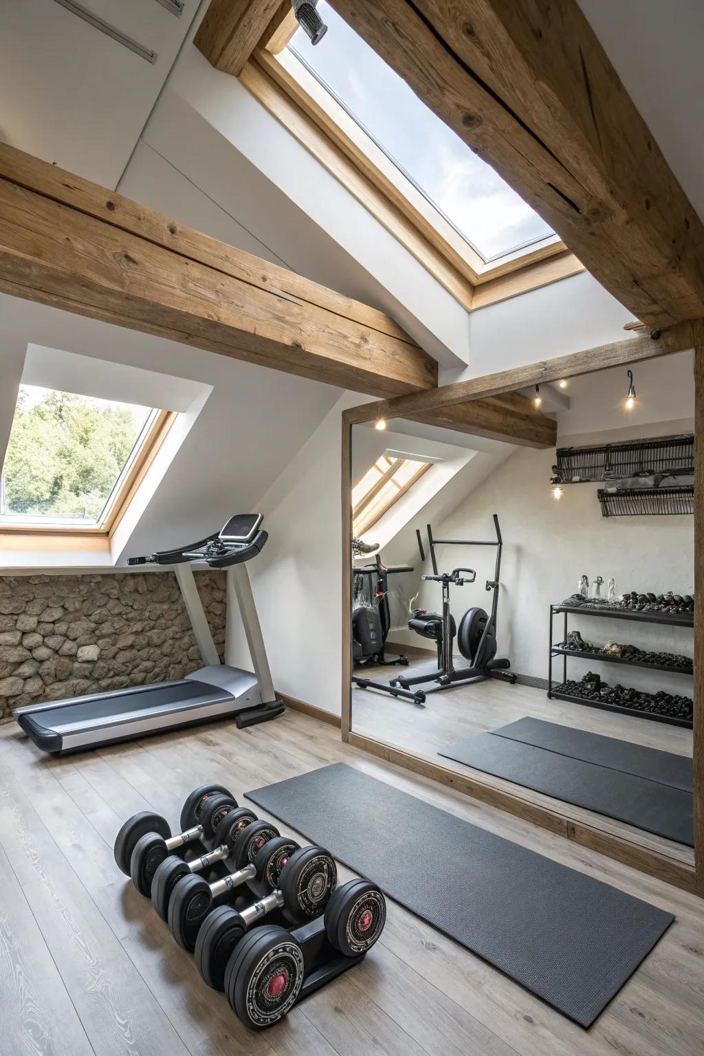 Transform your attic into a personal fitness sanctuary with style and functionality.