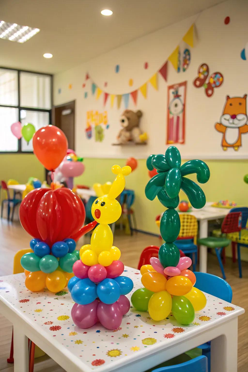 Balloon animals add a playful touch to party decor.