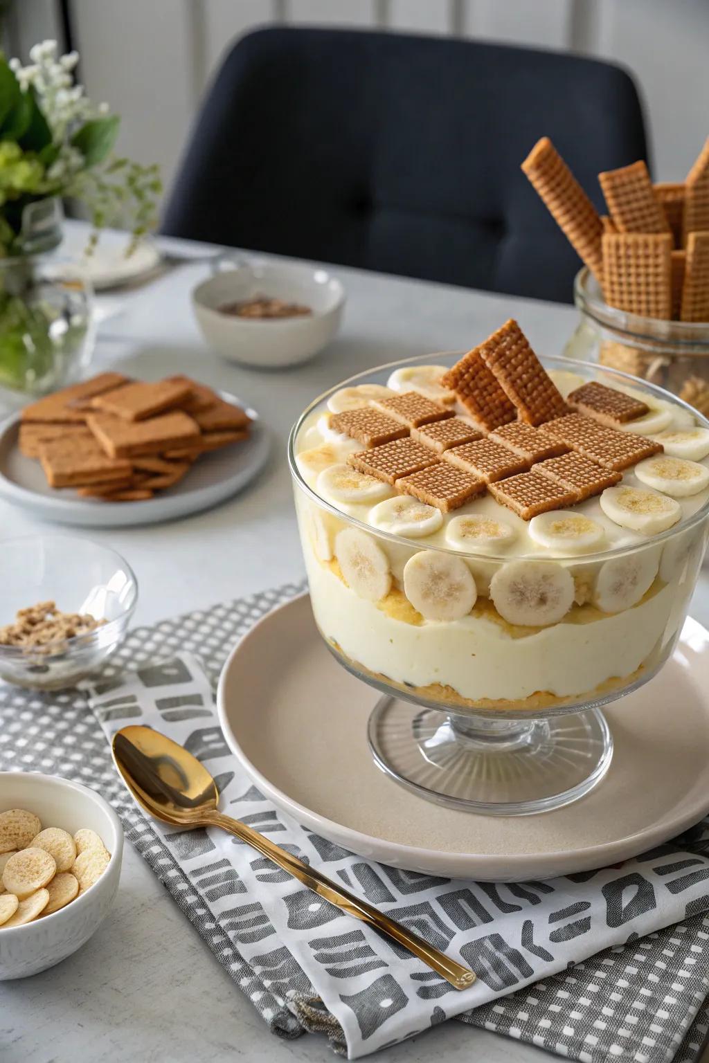 Geometric patterns create a striking visual effect on banana pudding.