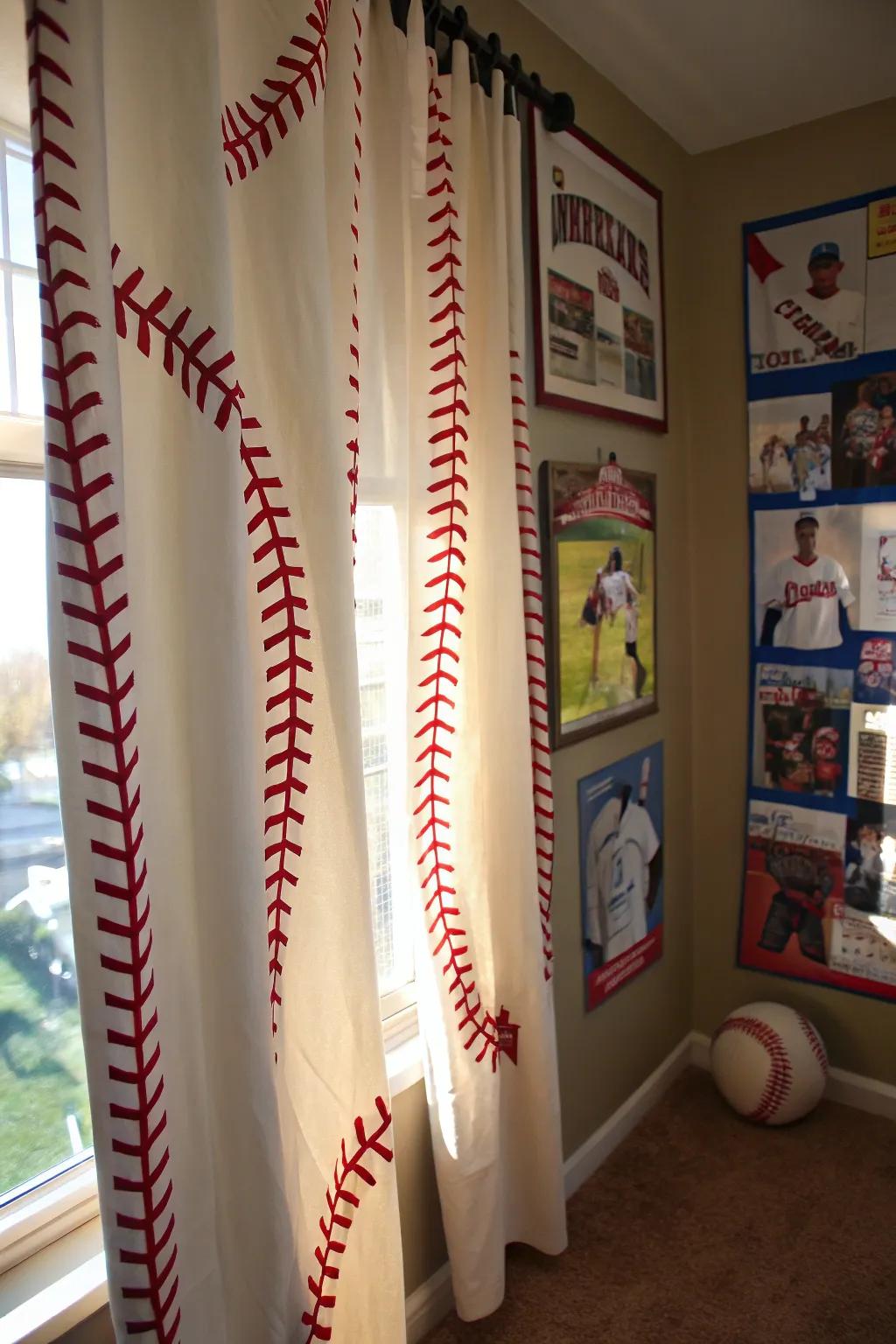 Baseball stitch curtains add a subtle yet cohesive touch to the decor.