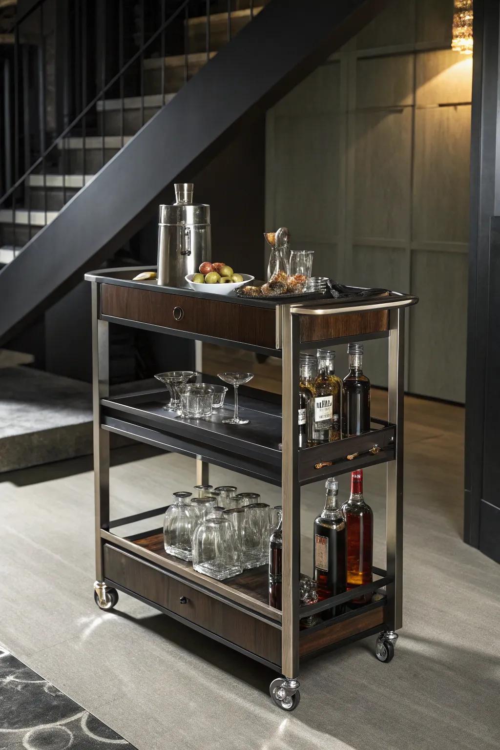 Elevate your entertaining space with a chic mobile bar cart – the perfect blend of style and functionality.