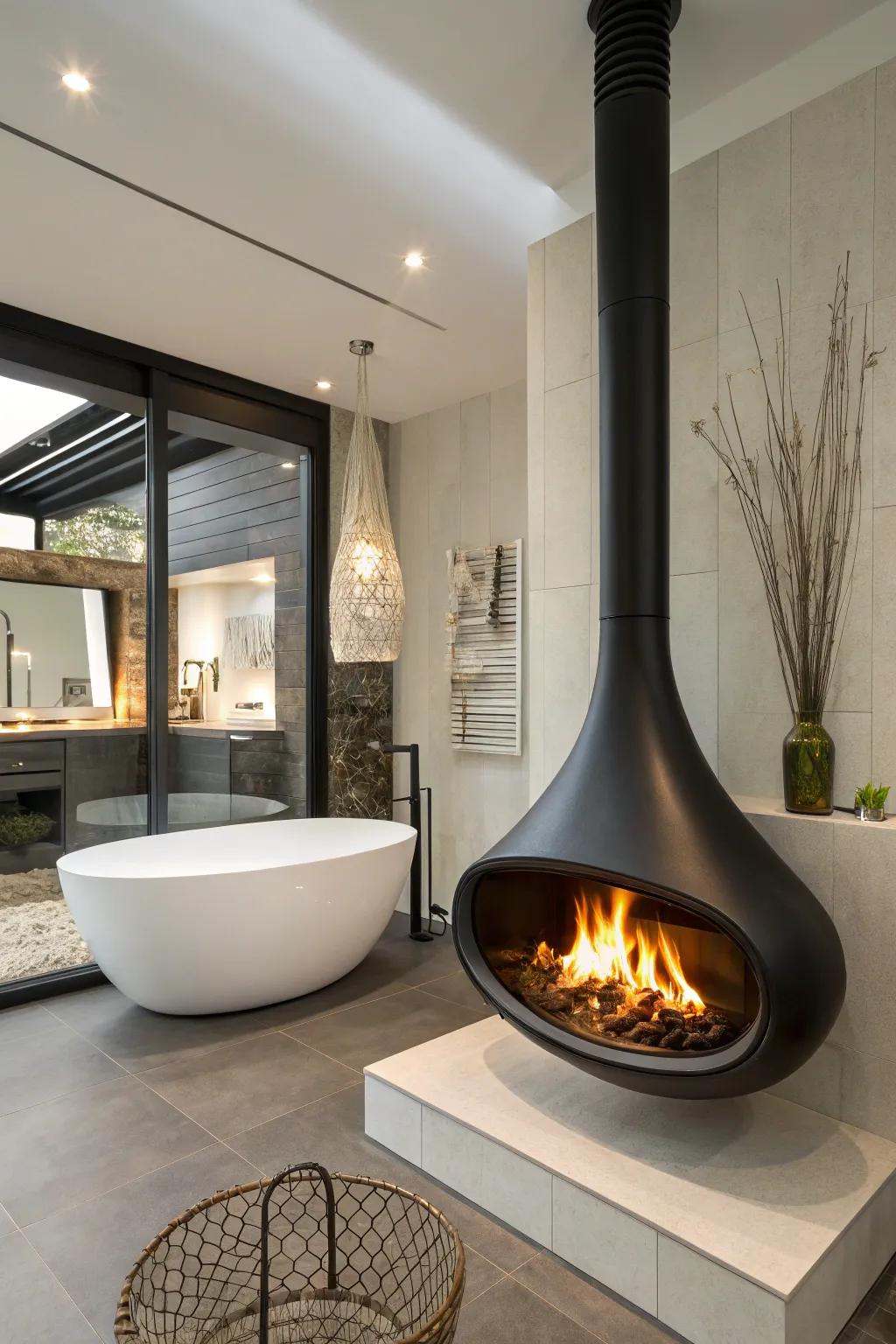 Suspended fireplace offering a bold, modern touch.
