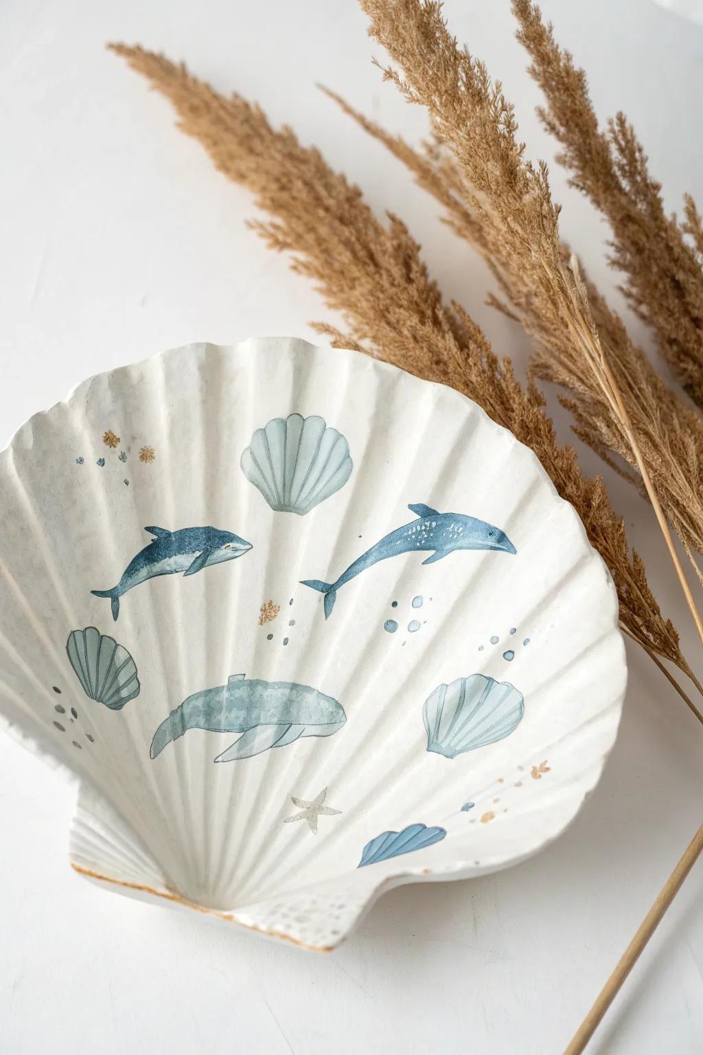 Dive into whimsy with painted whales on seashells, where nautical meets natural elegance.