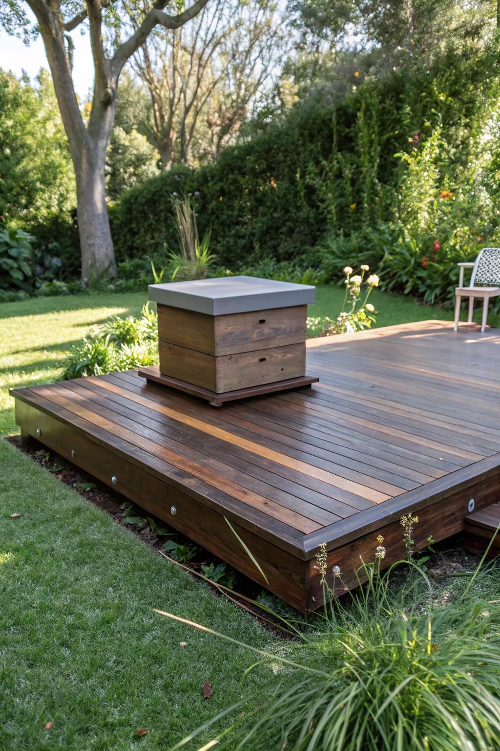 Elevate your beekeeping game with a modern floating deck platform for ultimate stability and style.