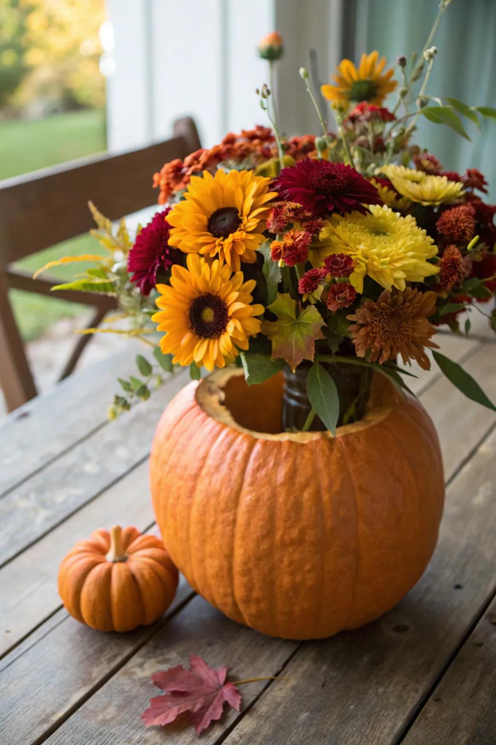 Transform your Halloween pumpkin into a stunning fall centerpiece with this creative pumpkin vase idea!