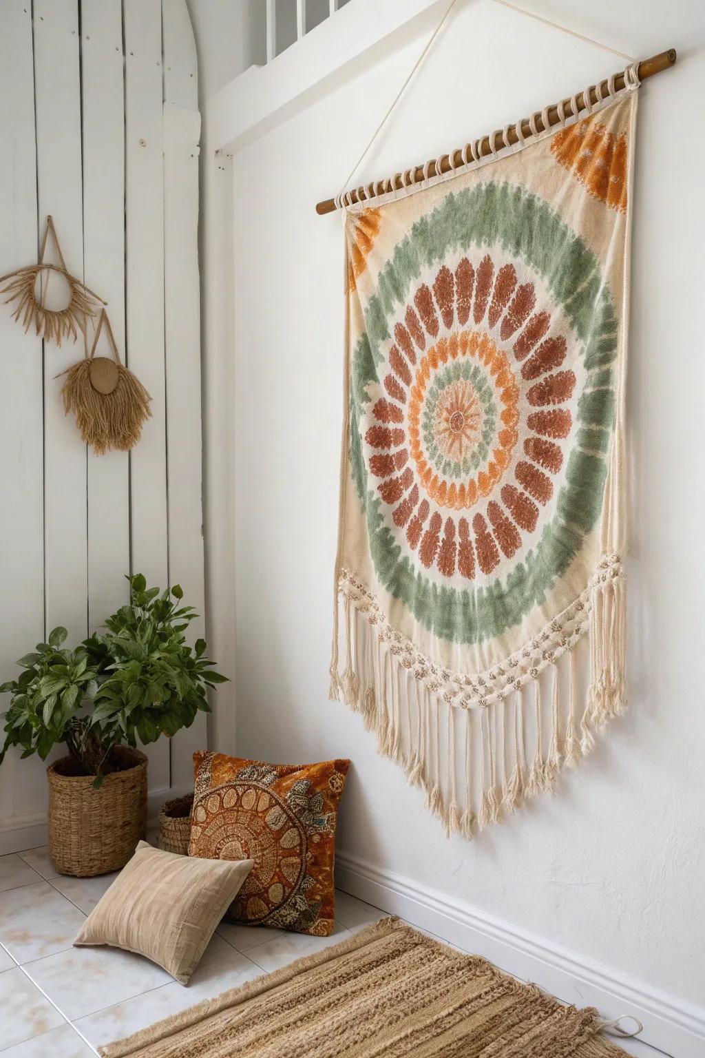 Embrace boho chic with a tapestry that weaves burnt orange, mauve, and sage into your minimalist haven.
