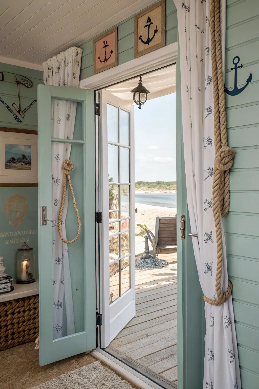 Wrapped rope handles bring a nautical touch to bifold doors.