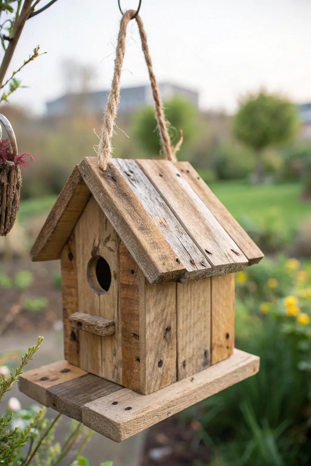Embrace rustic charm with a handcrafted pallet wood birdhouse, adding a touch of natural beauty to your garden.