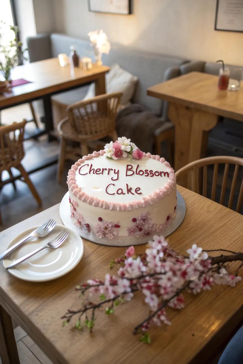 A personalized touch makes this cherry blossom cake extra special.