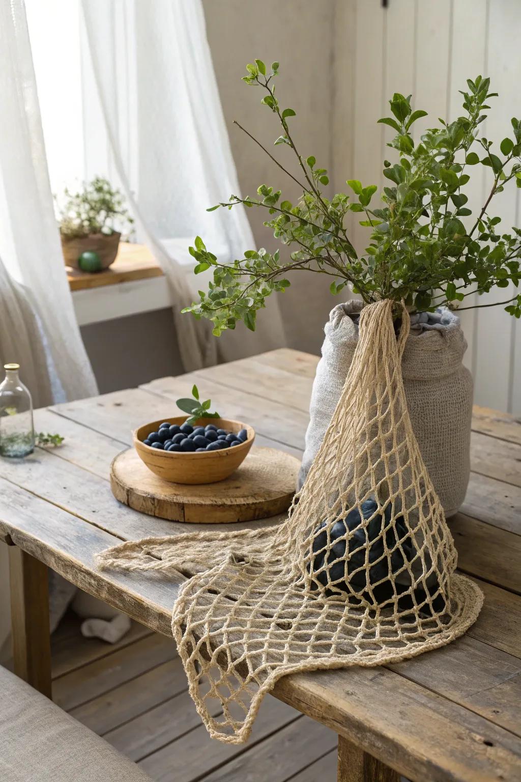 Embrace sustainability with a touch of elegance: repurposed fishing nets for your blueberry patch.
