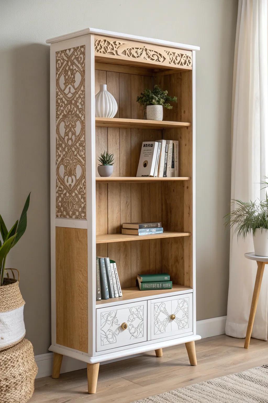 Discover the charm of eclectic trims in a minimalist bookcase design, where Scandinavian simplicity meets Boho flair.