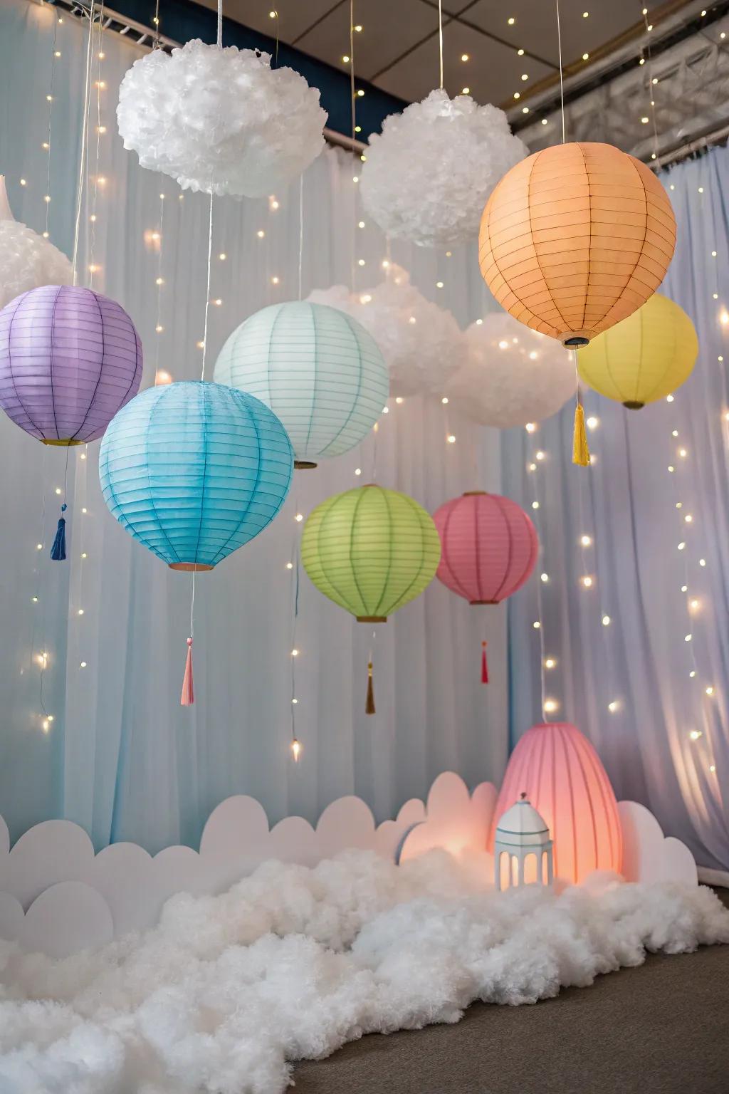 Dreamy whimsical wonderland with clouds and lanterns