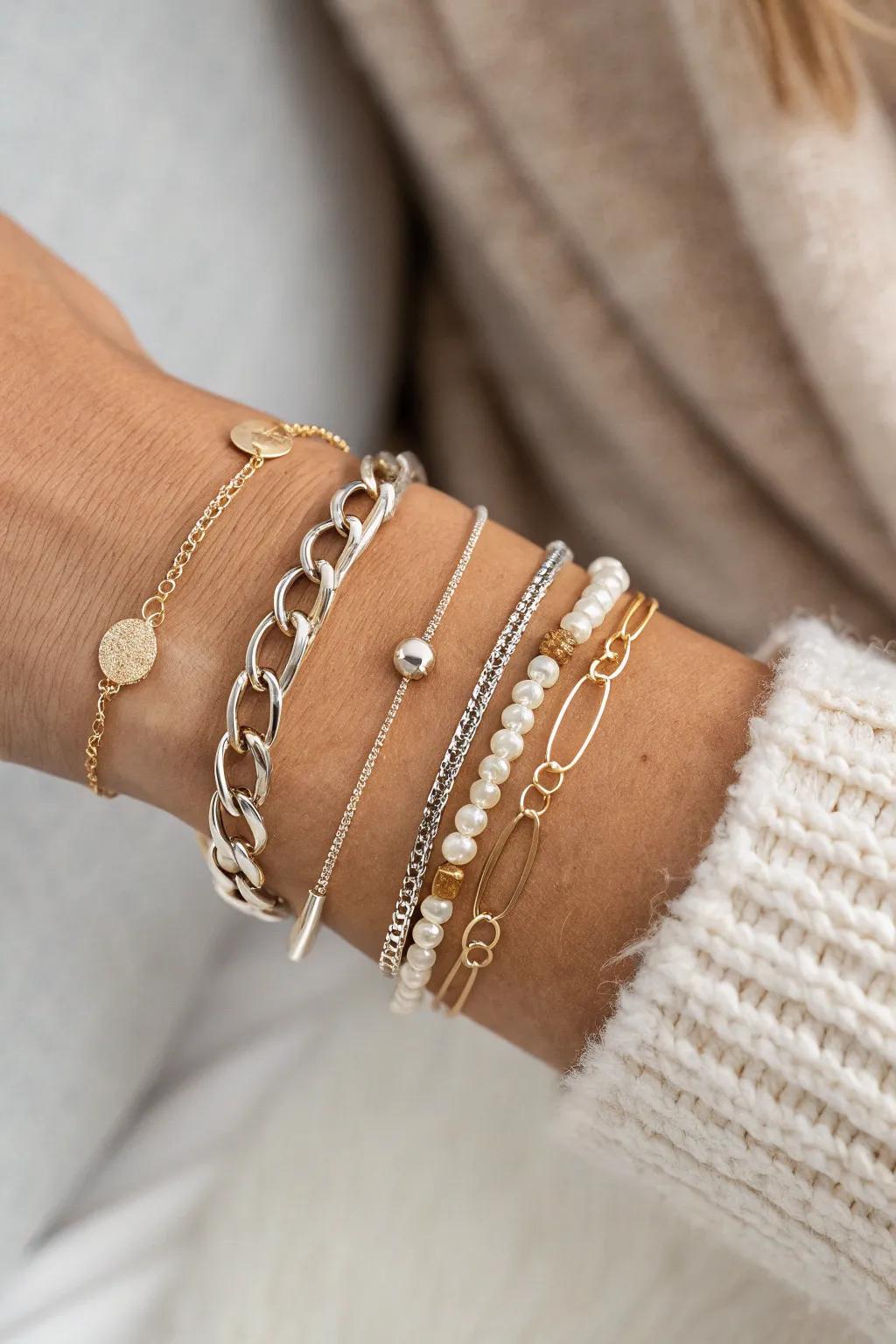 Elevate your style with artistic asymmetry in bracelet layering.