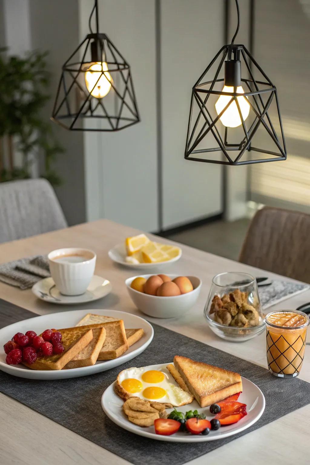 Geometric lighting fixtures creating a modern edge in a breakfast area.