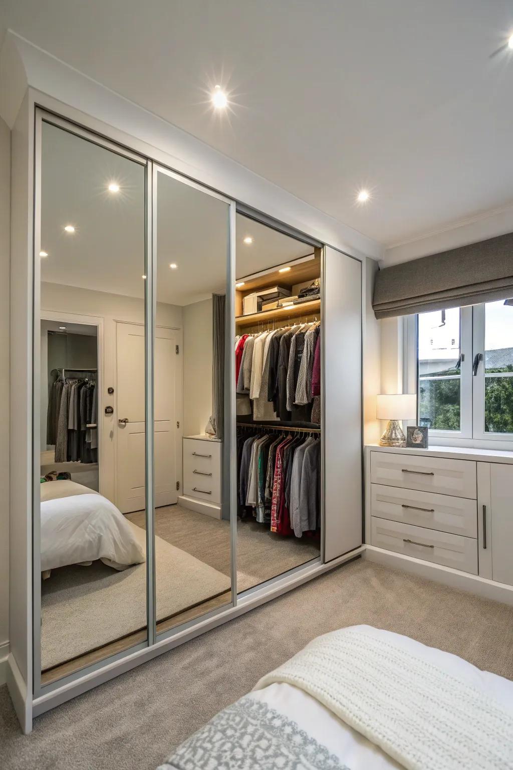 Mirrored wardrobes create an illusion of space, perfect for smaller rooms.