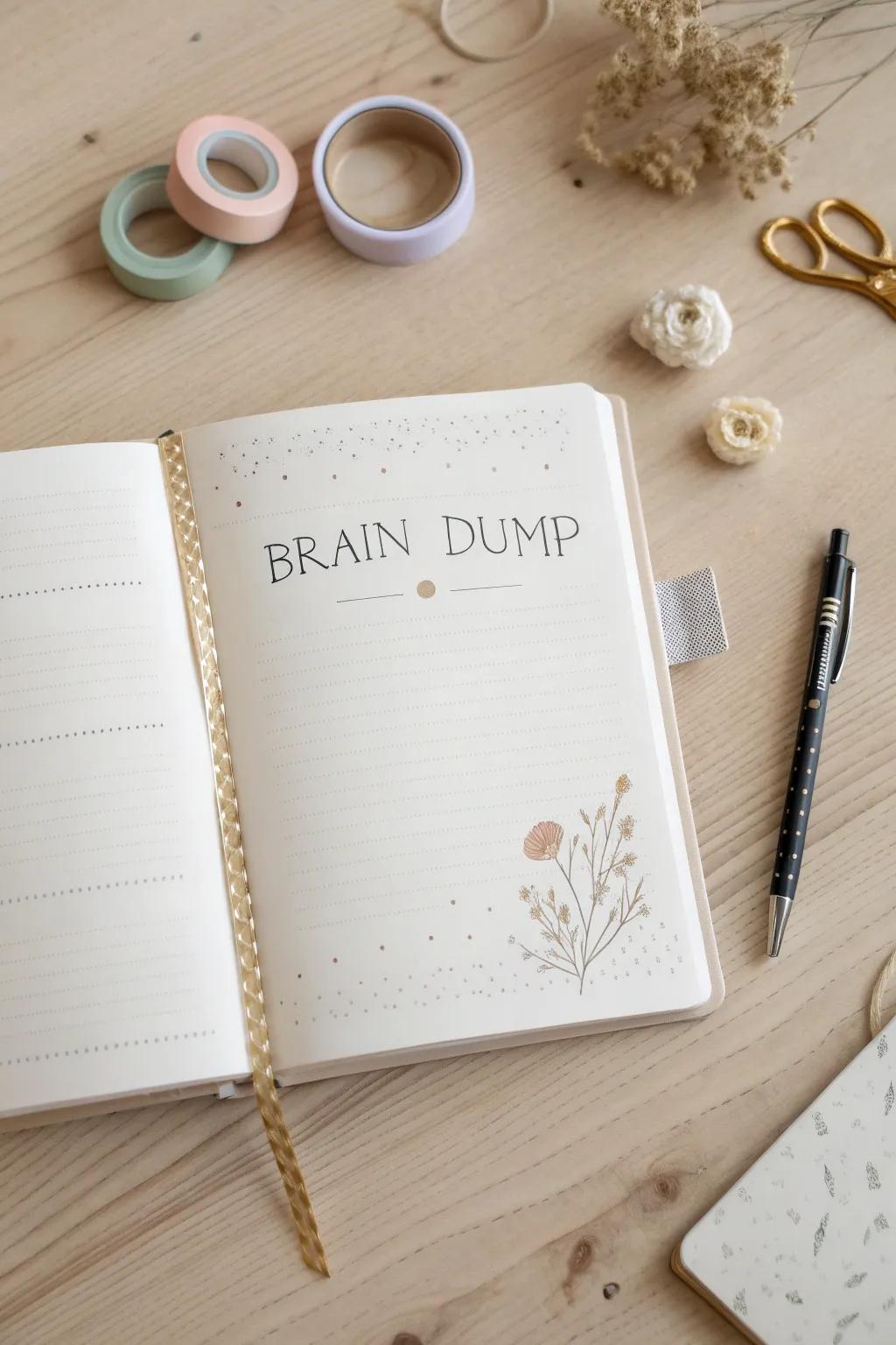 Clear your mind with a serene brain dump page—where simplicity meets creativity.