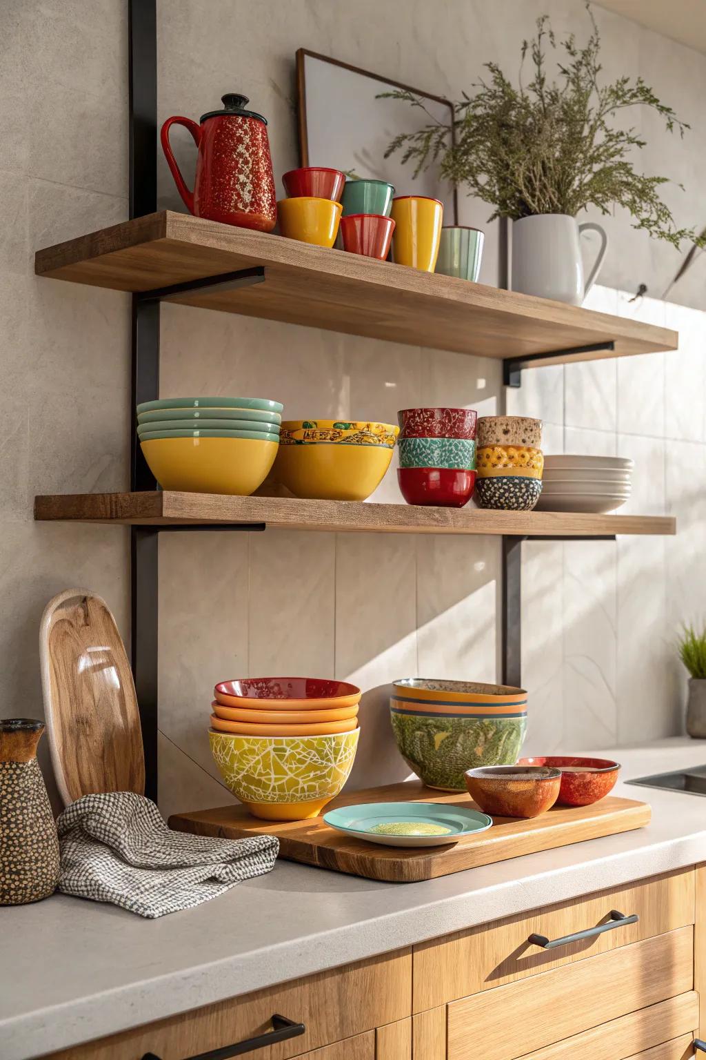 Elevate your kitchen style with vibrant open shelving—showcase your favorite mugs and bowls with flair.