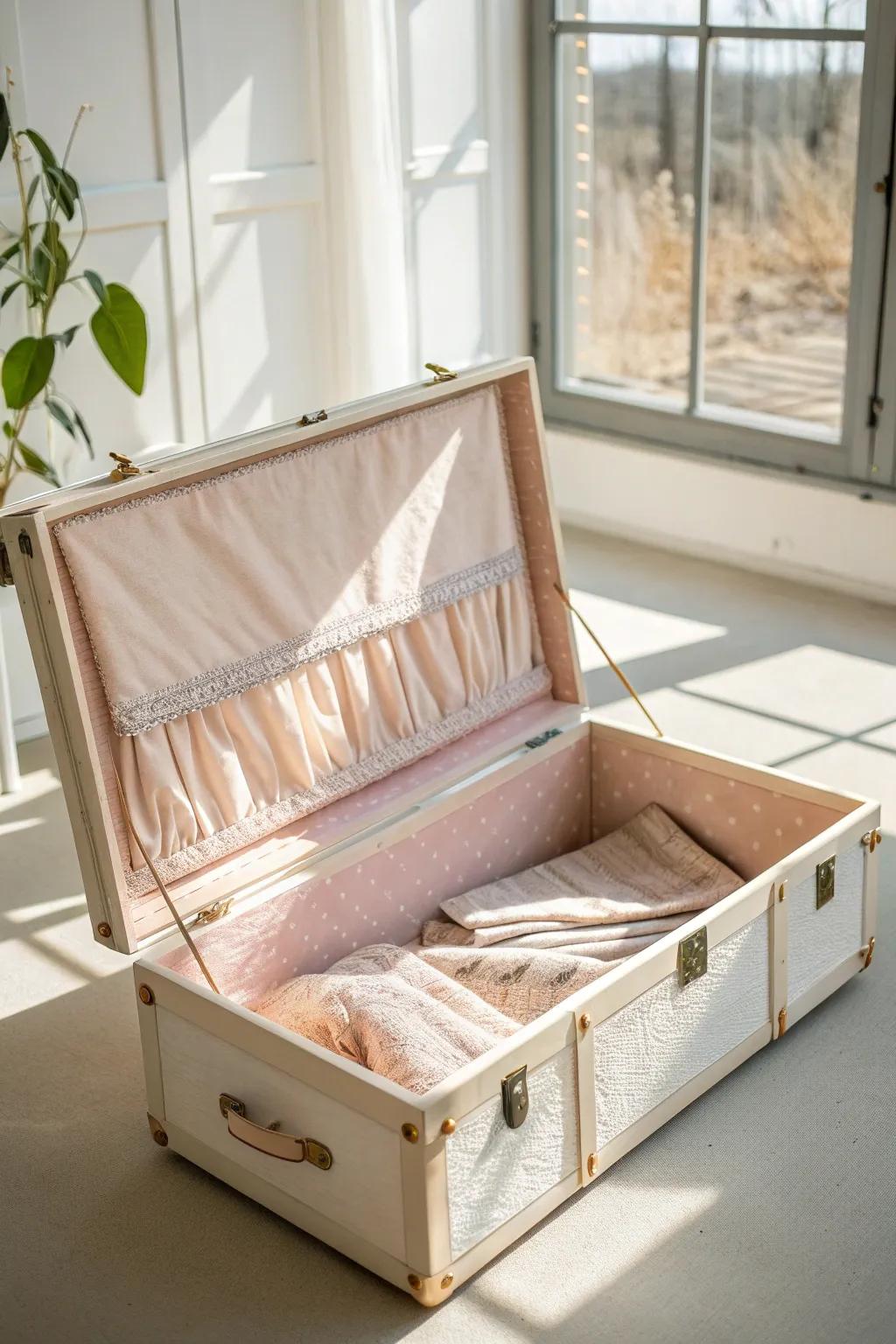 Transform your camp trunk with a charming fabric liner for a touch of cozy elegance.