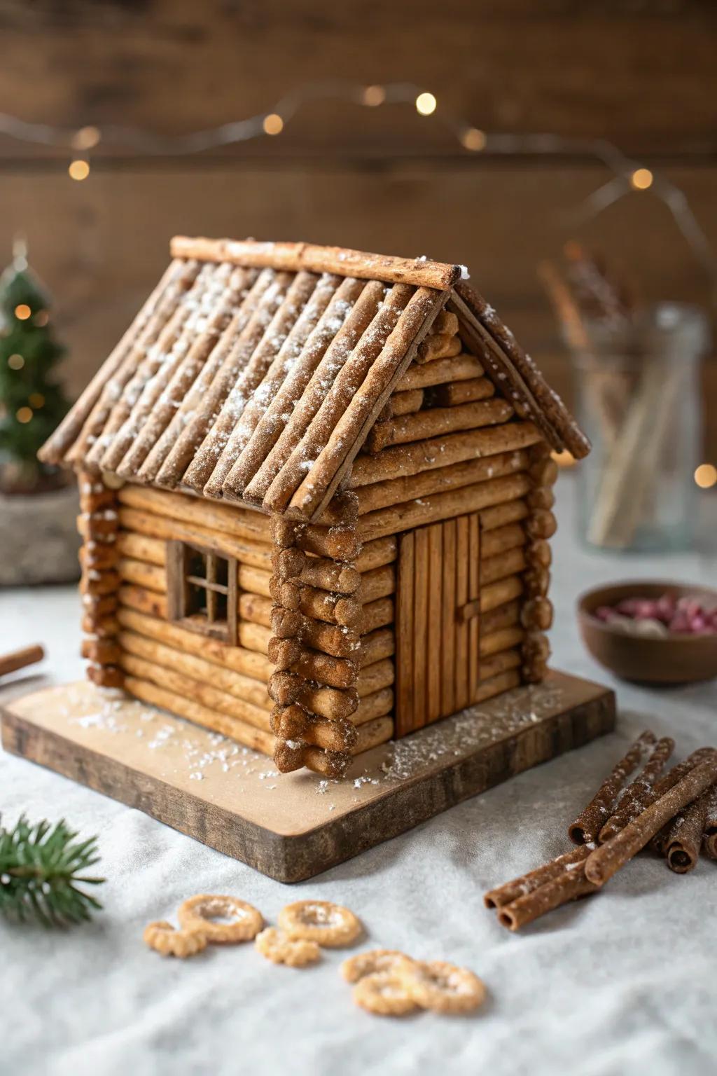 Warm up your candy-making skills with this charming log cabin retreat, crafted from pretzel rods for a cozy, rustic vibe.