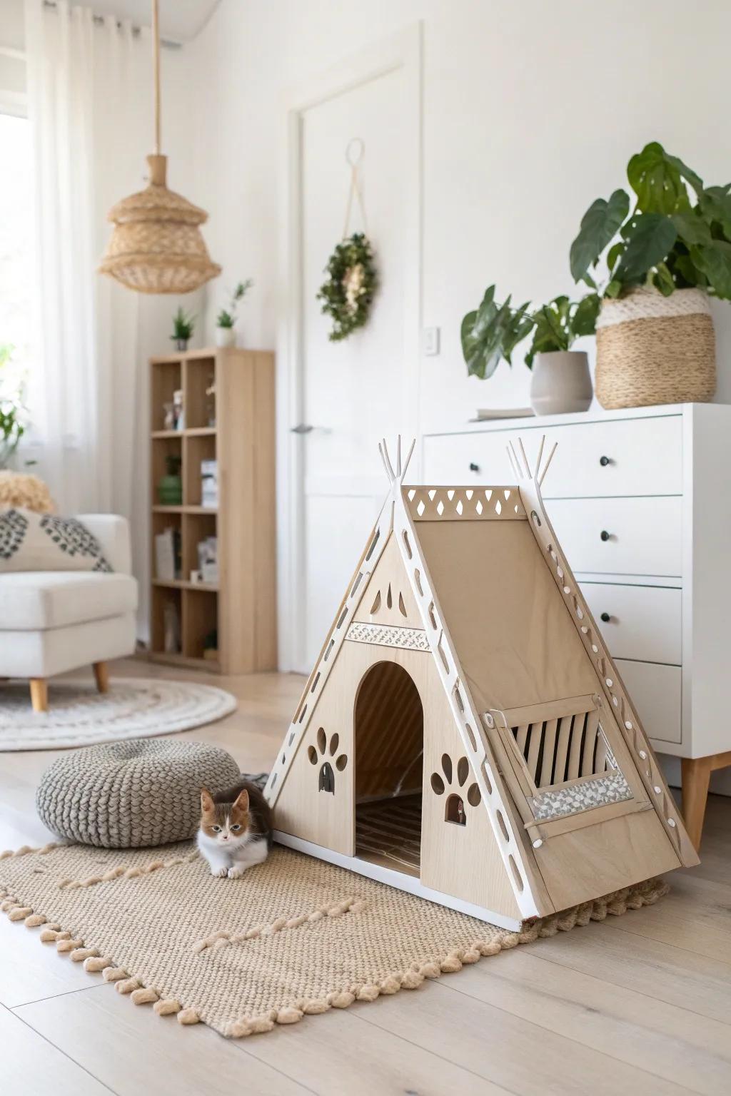 A cozy retreat for your feline friend, blending craftsmanship and minimalist charm.